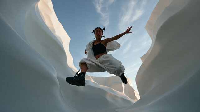 Dancer Jumping Dynamic Mid-Air in Futuristic Landscape