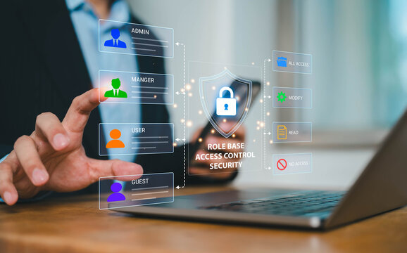Role based access control security interface showing admin, manager, user and guest permissions on a laptop, illustrating identity management, authorization, data protection and cybersecurity.