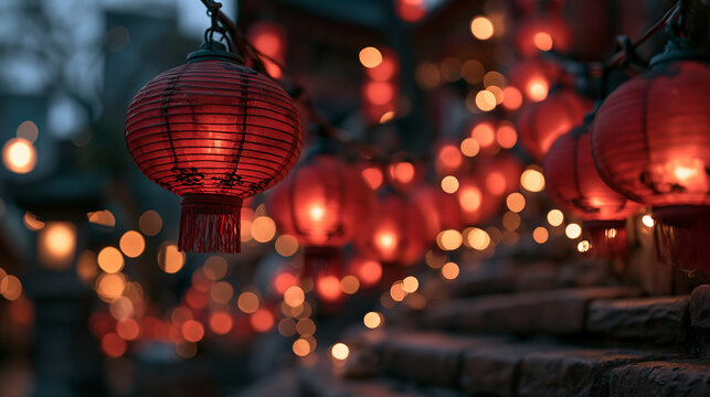 Traditional Glowing Red Lanterns Decorated for Festival Celebration