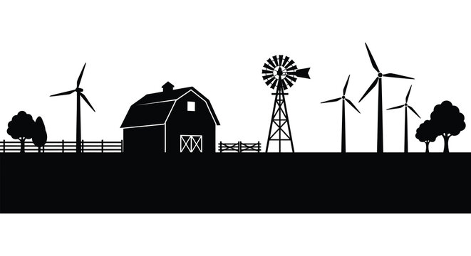 Farm landscape with barn windmills and trees in black silhouette