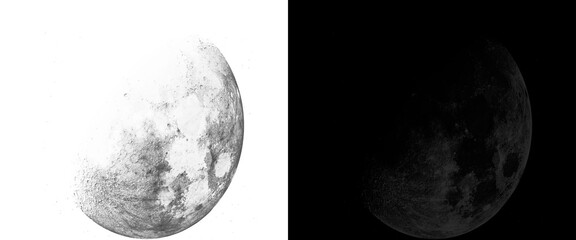 Minimalist moon phase illustration, black and white lunar surface textures, celestial satellite graphic in light and dark contrast © Smart Studio