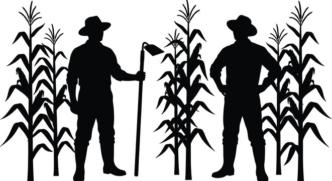 Two farmers standing amidst corn stalks a black silhouette agriculture