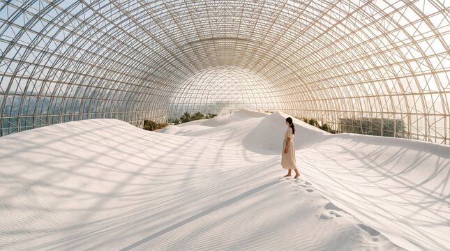 Woman Walking on White Sand Dunes Inside Massive Glass Dome