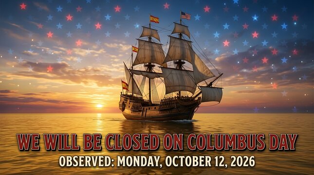Columbus day closure announcement for monday october 12 2026 with sailing ship at sunset and patriotic stars