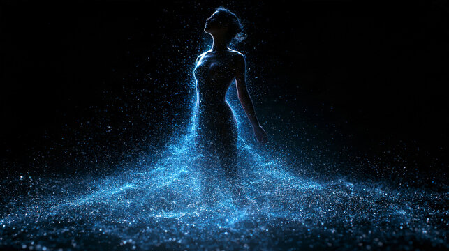 Woman Silhouette Glowing with Blue Bioluminescent Particles
