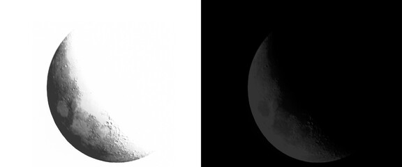 Crescent moon phase illustration, celestial lunar cycle graphics in black and white, minimalist astronomical moon icons for science and astrology © Smart Studio