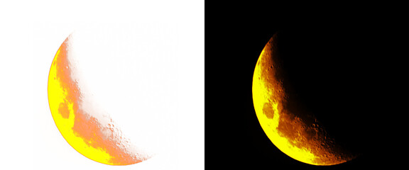 Glowing crescent moon illustration set, yellow lunar phase icons on white and black backgrounds, celestial astronomical design elements © Smart Studio