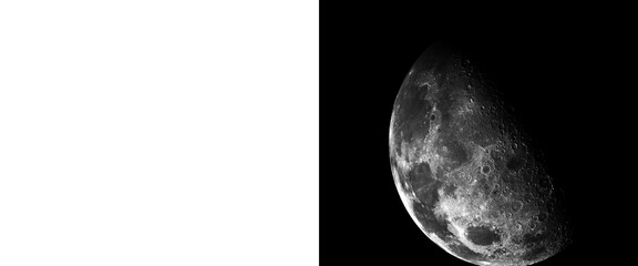 Realistic moon illustration on black background, detailed lunar surface with craters, glowing celestial body in dark space, astronomical night sky element © Smart Studio