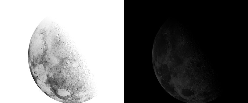 Realistic moon surface textures on white and black backgrounds, detailed lunar crater illustrations, celestial planet surface design elements