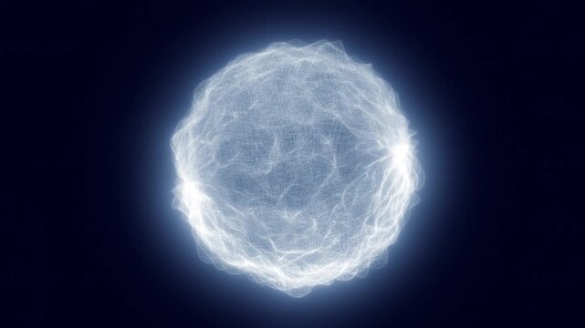 Abstract glowing white energy sphere formed by an intricate luminous mesh on a dark blue background