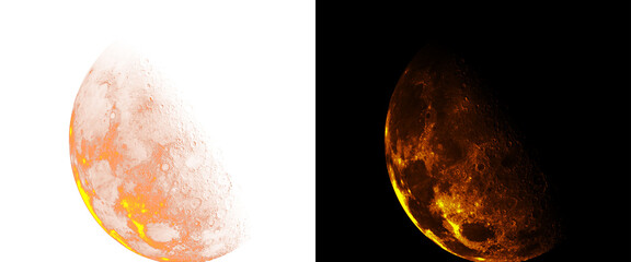 Glowing orange moon illustration set, celestial lunar sphere on black and white backgrounds, mystical planet surface with craters and lava light © Smart Studio