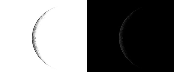 Minimalist crescent moon illustration, thin lunar sliver on black and white backgrounds, celestial astronomical phase graphic for night sky design © Smart Studio