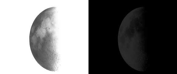 Realistic half moon phases illustration, celestial lunar cycle on black and white backgrounds, detailed moon surface with craters and shadows © Smart Studio