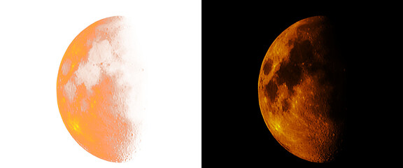 Blood moon lunar eclipse illustration, glowing orange moon phases on black and white backgrounds, celestial astronomical planet surface © Smart Studio