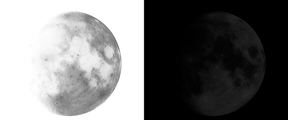 Full moon celestial illustration set, monochrome lunar surface textures on white and black backgrounds, realistic moon phases for astronomy design © Smart Studio