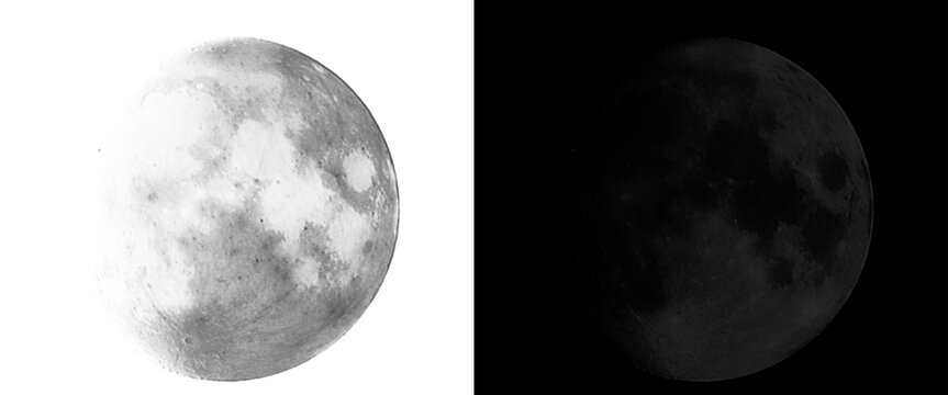 Full moon celestial illustration set, monochrome lunar surface textures on white and black backgrounds, realistic moon phases for astronomy design