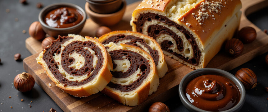 Chocolate hazelnut swirl bread with spread for breakfast blogs, bakery websites, food photography, and autumn brunch menu designs
