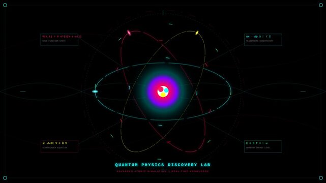 Quantum Physics Laboratory Atomic Model Simulation with Scientific Mathematical Equations