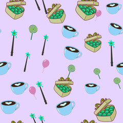 Pattern of candy boxes, coffee cups, magic wands, and balloons © gusti