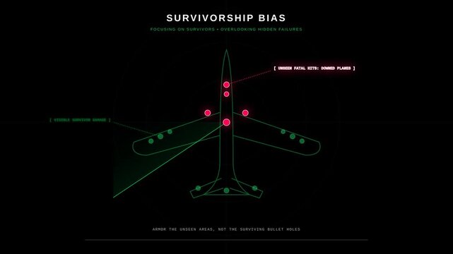 Survivorship Bias Infographic Animation Explaining Logical Fallacy with Radar Style Plane Diagram