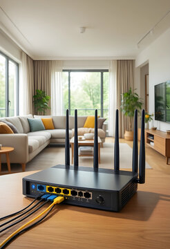 High speed internet connectivity and home network infrastructure, wireless router with ethernet cables on a wooden table in a modern living room interior