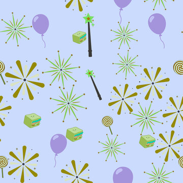 Cartoon party pattern with balloons, magic wands, and sandwiches