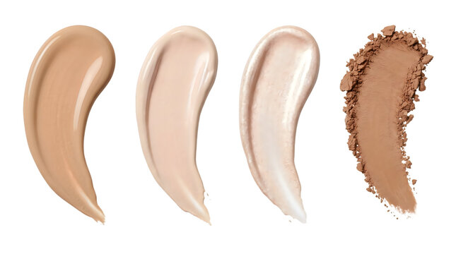 Liquid foundation swatches and face powder texture, cosmetic cream smears in beige shades, makeup beauty product samples isolated PNG with Transparent Background