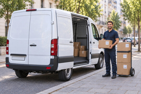 Courier holding a parcel beside an open delivery van and loaded hand truck on a city sidewalk