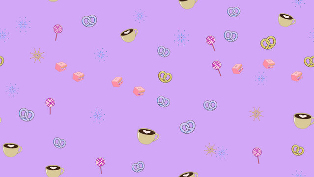 Pattern of Coffee Cups, Pretzels, Lollipops, and Cakes