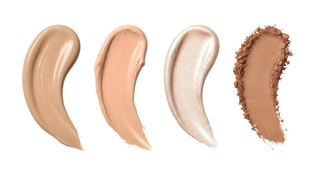 Liquid foundation smudges and powder bronzer swatch, cosmetic cream texture strokes, makeup product samples for beauty advertising isolated PNG with Transparent Background