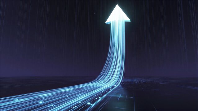 Glowing blue arrow ascends through digital rain, symbolizing progress and forward momentum.