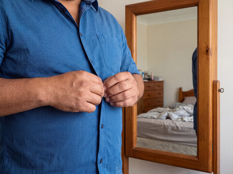 Man buttoning blue shirt, getting ready for work in morning, preparing for the day, dressing up