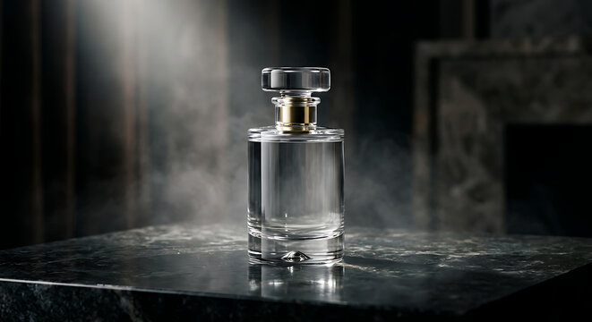 Elegant glass perfume bottle on a dark marble surface with soft mist