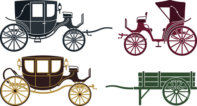 Vintage horse carriage silhouette vector set featuring historical royal stagecoach wedding buggy and wooden farm wagon transport icons