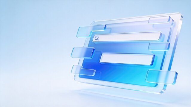 Futuristic transparent blue search interface with floating glass panels, idea for web browsing, online search and modern digital user experience design concept