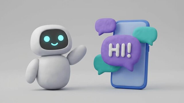Cute 3d robot waving near smartphone with chat bubbles on grey background