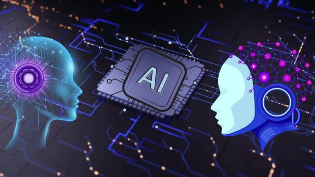 Artificial Intelligence concept with AI processor chip and digital brain profiles