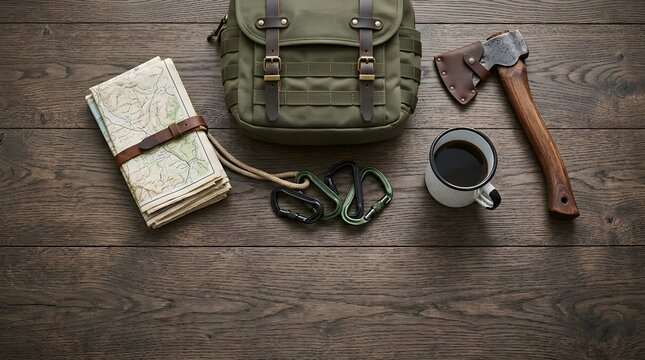 Flat lay of camping gear with backpack map axe and coffee on wood