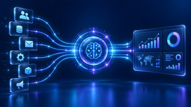 Centralized artificial intelligence brain processing multi department business data inputs into comprehensive analytics dashboards