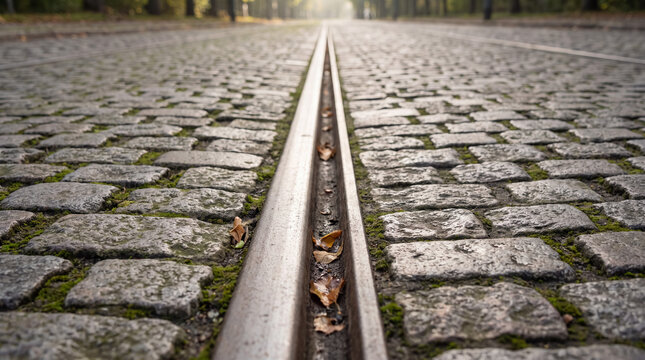 Tram track disappearing into the distance along a cobblestone street, path to the future, autumn leaves