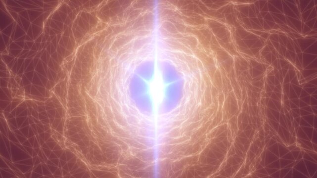 Abstract glowing portal with a brilliant white core surrounded by peach wireframe waves