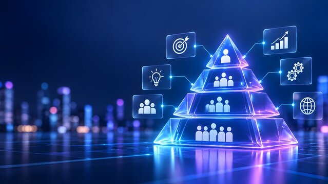 Glowing digital pyramid displaying corporate organizational hierarchy and human resources structure connected to business strategy icons