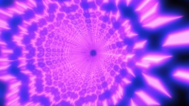 Abstract purple neon tunnel with glowing geometric patterns, radial symmetry