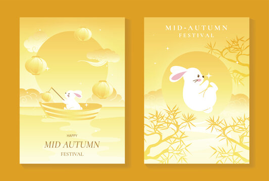 Mid-Autumn Festival vector poster set with rabbit, glowing full moon, clouds and botanical branches in golden yellow for elegant holiday cards.