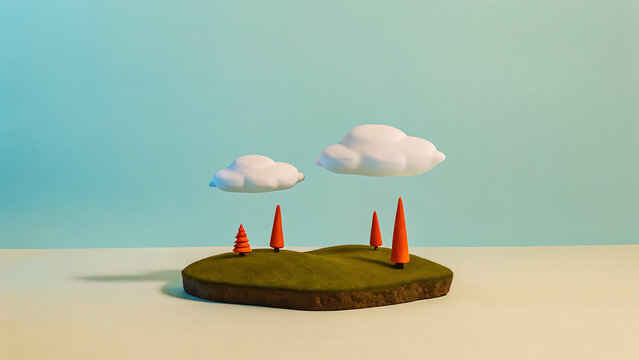 Minimalist clay style island landscape with orange pine trees and white floating clouds on sky blue background.