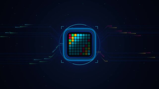 Futuristic digital CPU microchip HUD interface with glowing colorful grid and neon circuit lines