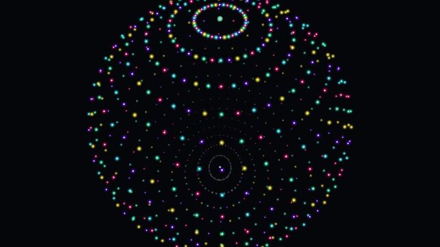 High-definition seamless glowing neon dot background loop featuring quantum 3d neon dot particle sphere loop with vibrant cyberpunk color aesthetics. Ideal for VJ visuals, concert backdrops, digital 