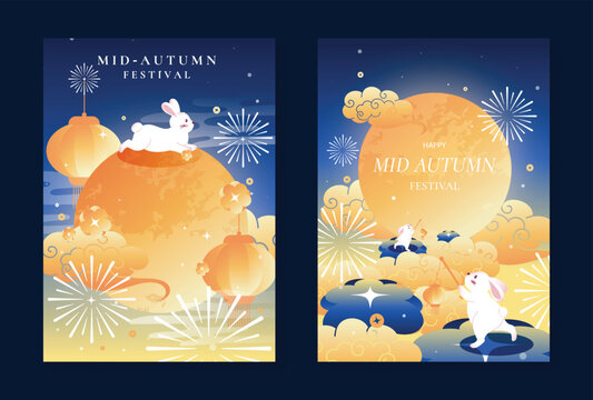 Mid-Autumn Festival vector poster set with rabbits, orange full moon, fireworks, clouds and blue night landscape for festive Asian holiday cards.