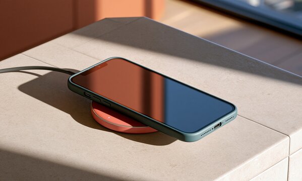 Smartphone device charge on wireless pad for power and tech lifestyle