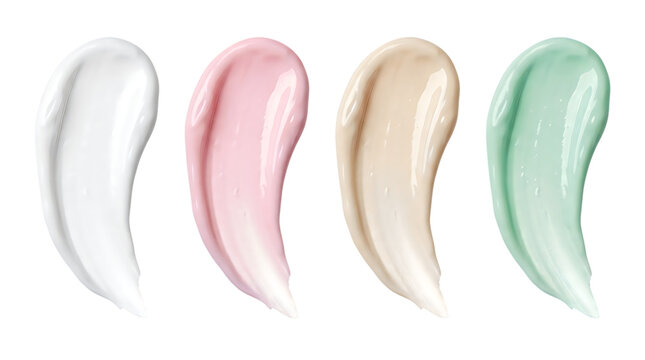 Cosmetic cream smudges in pastel colors, skincare product texture swatches, beauty lotion and gel smears isolated PNG with Transparent Background